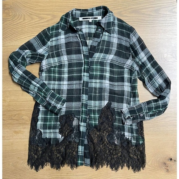 MCQ ALEXANDER MCQUEEN Fluid Tartan Plaid Silk Blouse Green Lace $610 - Picture 2 of 6